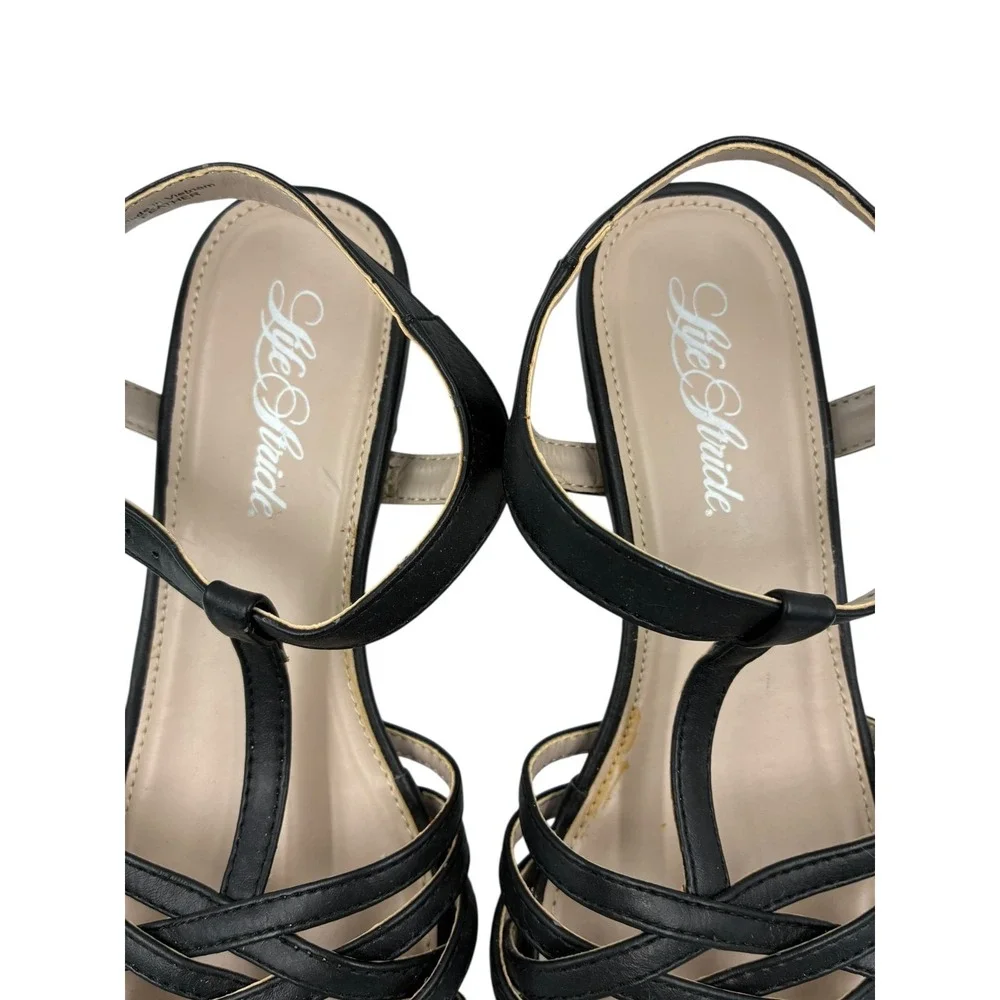 Life Stride Wedge Heel Sandals Ankle Strap Black Feather ‎ 8.5